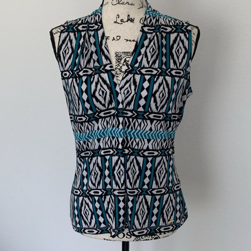Calvin Klein Womens Geometric White Black And Teal Sleeveless Blouse Size XS Y2K